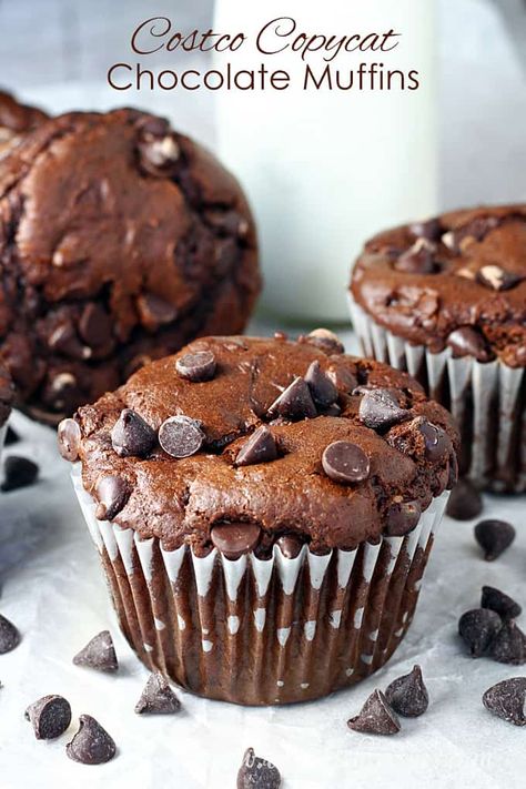 Double Chocolate Muffins (Costco Copycat Recipe) Costco Copycat, Costco Muffins, Double Chocolate Chip Muffins, Double Chocolate Muffins, Simple Pantry, Pantry Ingredients, Giant Chocolate, Filled Muffins, Chocolate Cake Mixes