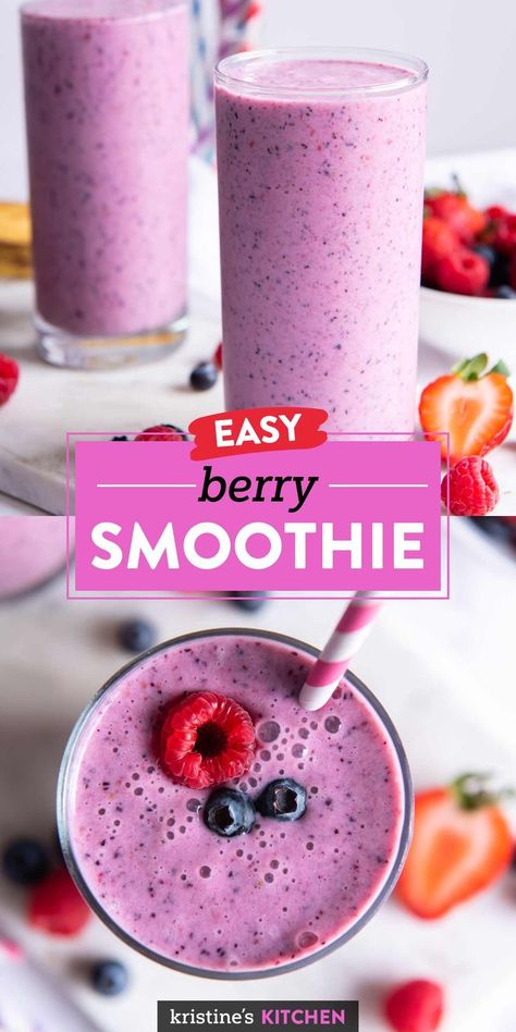 The BEST Berry Smoothie! This healthy berry smoothie is made with 3 types of berries for the best sweet berry flavor. This easy strawberry, raspberry and blueberry smoothie is perfect for breakfast or a snack! Blueberry Raspberry Recipes, Blueberry Smoothie Recipe Easy, Raspberry Smoothie Recipes, Strawberry Blueberry Smoothie, Spinach Smoothie Recipes, Blueberry Smoothie Recipe, Make Smoothies, Types Of Berries, Blueberry Banana Smoothie