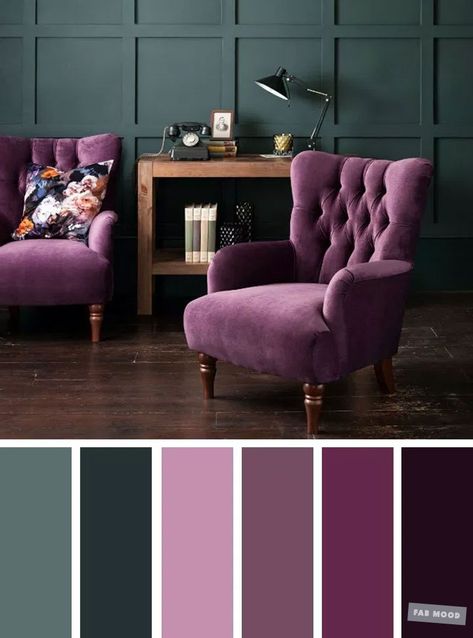 The Best Living Room Color Schemes – Dark Green & Purple - Fabmood | Wedding Colors, Wedding Themes, Wedding color palettes Violet Living Room, Vintage Living Room Design, Good Living Room Colors, Design Ložnic, Minimalist Dekor, Purple Living Room, Furnitur Ruang Keluarga, Living Room Color Schemes, Trendy Living Rooms