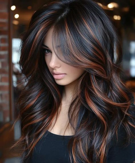 51 Stunning Dark Brown Balayage Hair Color Ideas For Autumn - Hair Trend Guide Dark Hair Bright Highlights, Black Cherry Hair Color With Highlights, Dark Brown With Platinum Highlights, Baddie Hair Color, Black Cherry Balayage, Dark Hair With Light Highlights, Dark Hair With Money Piece Only, Hair Styles Winter, Ombre Black Hair