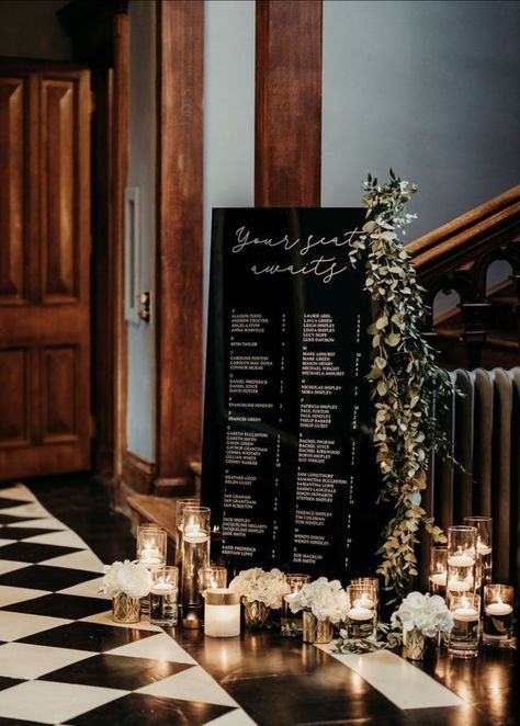 Black Guest Book Wedding, Black Romance Aesthetic Wedding, Black Acrylic Seating Chart Wedding, Black Modern Wedding Decor, Black Acrylic Seating Chart, Black Bar Wedding, Black Seating Chart Wedding, Black Wedding Signage, All Black Wedding Reception