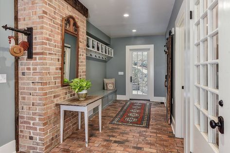 Brick Foyer, Office With Fireplace, Foyer Ideas Entryway, Penthouse Design, Foyer Ideas, Brick Interior, Building A Cabin, Faux Brick Walls, Seattle Homes