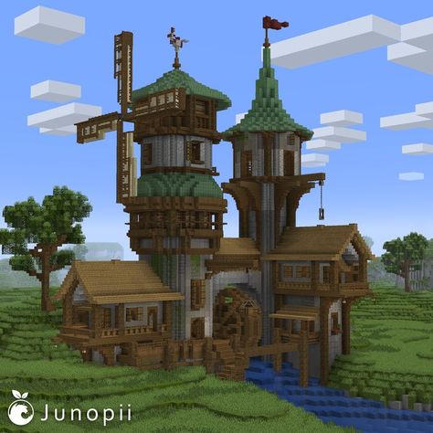 Minecraft build of a tavern with a windmill blade and a waterwheel connected to a river going underneath the building. Minecraft Small House, Minecraft Castle Designs, Minecraft Garden, Minecraft Steampunk, Minecraft Create, Minecraft Village, Minecraft Structures, Minecraft House Ideas, Minecraft House Plans