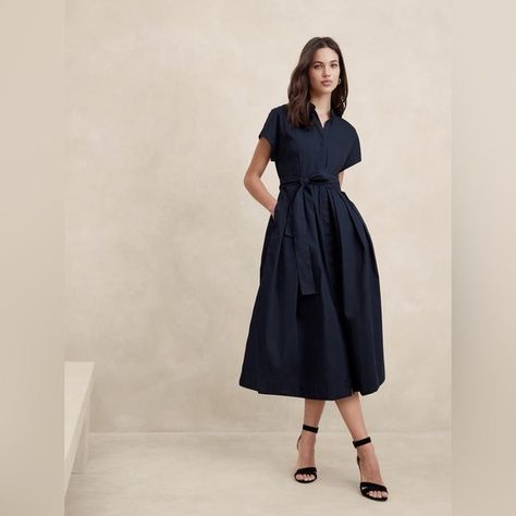 Banana Republic | Dresses | Nwt Banana Republic Preppy Navy Poplin Tiewaist Midi Dress Multiple | Poshmark