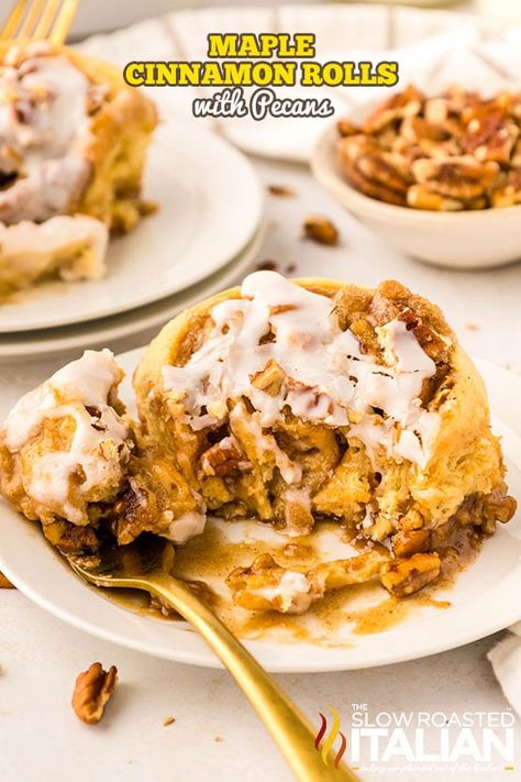 Maple Cinnamon Rolls with Pecans Whip Cream Game, Cinnamon Rolls With Pecans, Maple Cinnamon Rolls, Maple Icing, Slow Roasted Italian, Easy Cinnamon Rolls Recipe, Pecan Cinnamon Rolls, Pecan Rolls, Cinnamon Pecans