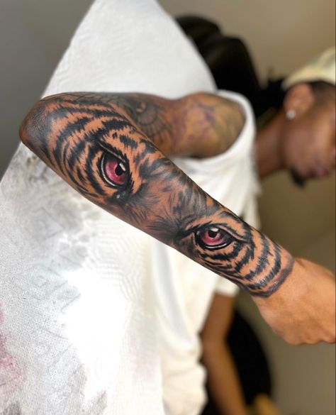 Eyes Tattoo Sleeve, Tiger Eyes Tattoo, Arm Tattoos Black, Arm Tattoos For Guys Forearm, Rare Tattoos, Black Men Tattoos, 42 Tattoo, Tattoo Ideas Males, Half Sleeve Tattoos Forearm