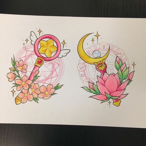 Magical Girl Tattoo, Sailor Moon Tattoo Ideas, Tattoo Sakura, Japan Tattoos, Girl Tattoo Ideas, Flash Art Tattoos, Pastel Tattoo, Sailor Moons, Sakura Tattoo