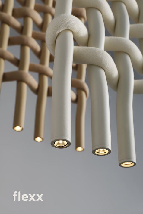 The lamp resembles fabric in texture but it has been enlarged to a giant scale. The “warp” is made of folded aluminum tubes and the “weft” is made of thick wool fortified with foam. This overscaled lighting design has been specially chosen to allow for the division of optical and acoustic space. At the same time, it does not close the space completely, because it is openwork. When dimmed, it can be used to provide mood lighting in spaces for relaxing. Timeless Interior, Lighting Design Interior, Lighting Inspiration, Interior Projects, Ceiling Design, Decoration Design, Interior Design Projects, 인테리어 디자인, Light Art