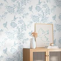 Blue Room With Wallpaper, Blue Wallpaper For Wall, Blue Bathroom Wallpaper, Entry Way Wallpaper, Blue Accent Wall Living Room, Basement Master, Wallpaper Birds, Square Wallpaper, Floral Peel And Stick Wallpaper