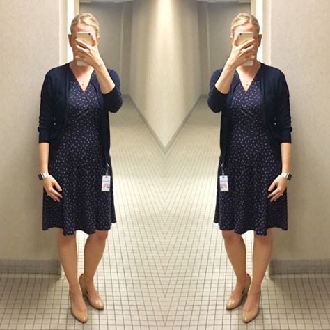 outfit post: navy wrap dress, navy cardigan, nude wedges Navy Wrap Dress Outfit, Receptionist Outfit, Wrap Dress Outfit, Wedges Outfit, Summer Shoes Wedges, Navy Wrap Dress, Nude Wedges, Clothing Blogs, Navy Cardigan