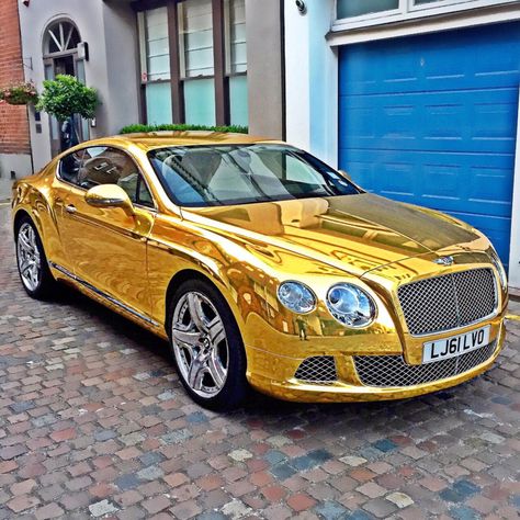 Bentley GT chrome Gold Wrap | Wrapping Cars - Car Wrap and Vehicle Branding London Gold Cars, Wrapping Car, Bentley Gt, Luxury Cars Rolls Royce, Gold Car, Chrome Cars, Lux Cars, Bentley Car, Bentley Continental Gt