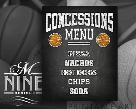 "Chalk CONCESSIONS MENU Sign Printables | Custom Basketball Party Sign Downloads | Chalkboard Basketball Party Décor -------------------------------------- Purchase 3 or more items and receive 30% off your total order! Just enter the coupon code \"MNINEART30\" at checkout -------------------------------------- *Please note that only the text can be customized for this listing* Great for use in planning & decorating a Theme Wedding or as Home Bar Decor. HOW DOES IT WORK? Purchase this listing. Si Football Concession Stand, Nacho Bar Party, Basketball Food, Concession Stand Food, Party Food Signs, Basketball Baby Shower, Basketball Scoreboard, Bar Mitzvah Party, Basketball Birthday Parties