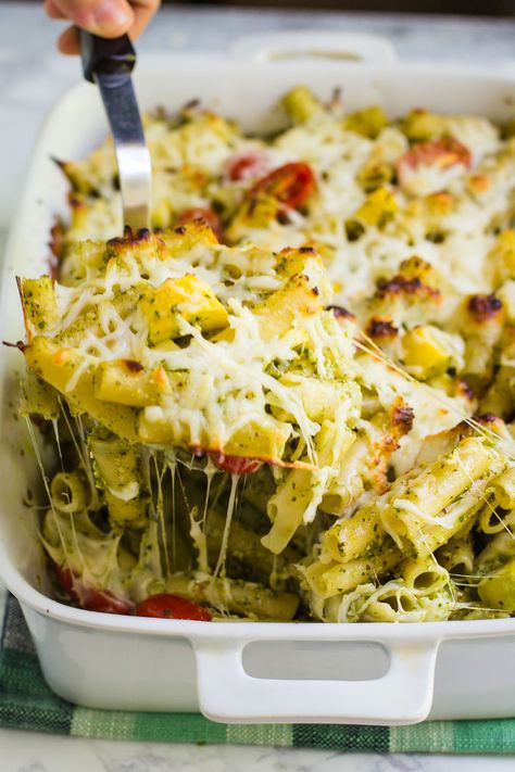 Pesto Baked Ziti | Food with Feeling Pesto Pasta Bake Vegetarian, Pesto Baked Ziti, Pesto Baked Pasta, Pesto Pasta Casserole, Veggie Baked Ziti, Pesto Pasta Bake, Creamy Pesto Pasta, Vegetable Casserole Recipes, New Recipes For Dinner