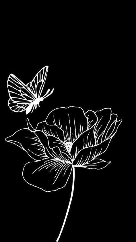 black and white flower with butterfly Blue Background Drawing, Flower With Butterfly, Flowers On Blue Background, Black Flowers Wallpaper, Black Background Painting, Butterfly Black And White, Monochromatic Art, Scratchboard Art, Black Paper Drawing