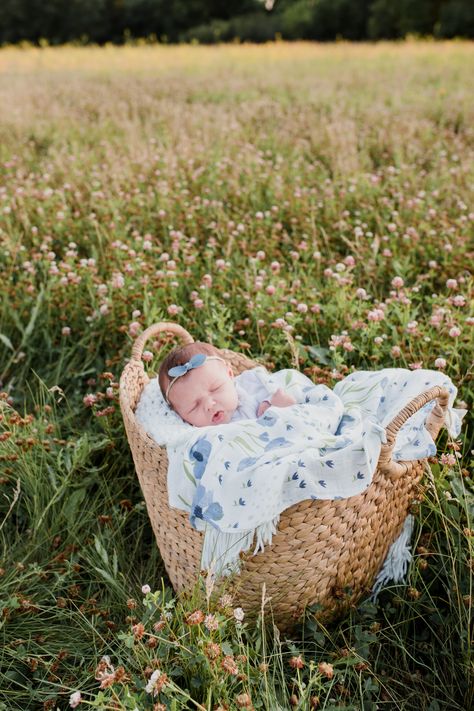 Newborn And Mommy Pictures Outdoors, Newborn Photo Shoot Ideas Outside, Outdoor Pictures With Newborn, Newborn Wildflower Photoshoot, Field Newborn Pictures, Wildflower Newborn Photography, Newborn Nature Photography, Field Newborn Photoshoot, Newborn Photo Shoot Outside