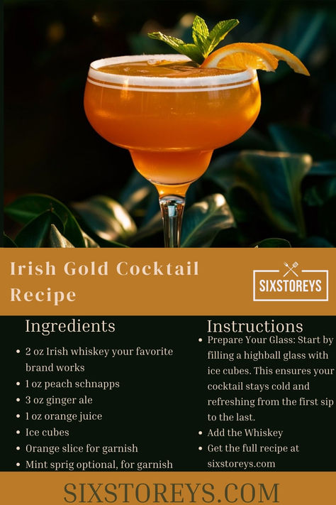 Irish Gold Cocktail Recipe Irish Whiskey Cocktails, Irish Drinks, Mocktail Drinks, Homemade Drinks, Gold Cocktail, Irish Whiskey, Cocktail Drinks Recipes, Punch Recipes, Alcohol Drink Recipes