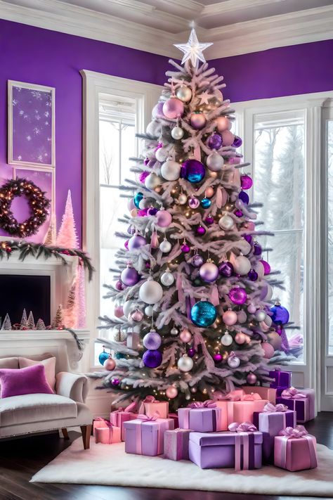 Purple And Pink Christmas Decorations, Pink Purple Blue Christmas Tree, Red And Purple Christmas Decor, Purple And Pink Christmas Tree, Pink And Purple Christmas Decor, Bright Colored Christmas Tree, Pink Purple Christmas Tree, Pink And Purple Christmas Tree, Christmas Tree Purple