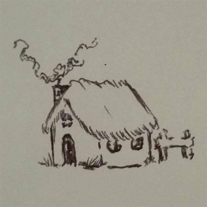 Village Simple Drawing, Cozy Drawing Easy, House Sketch Simple, Cottage Drawing Simple, Cute Cottage Drawing, Hut Sketch, Cozy Sketch, Simple House Sketch, Hut Drawing