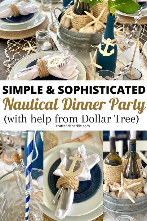 This beautiful and simple nautical dinner party is a must for your next summer party. Here’s how you can put together an easy coastal centerpiece, boat themed food, and summer wine bottle craft with the help of Dollar Tree. #nauticalparty #summertablescape #coastaldecor Cruise Themed Party Ideas For Adults, Elegant Nautical Party Decor, Below Deck Theme Party, 18th Birthday Boat Party, Nautical Themed Table Decor, Yacht Themed Party, Nautical Theme Centerpieces, Yacht Rock Party Ideas, Nautical Dinner Party