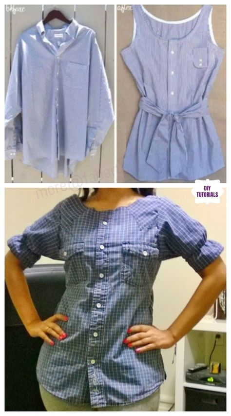 Creative Ideas to Repurpose Old Shirts into New Fashion - Men Shirt into Women Top Dress Shirt Refashion, Shirt Makeover, Mens Shirt Refashion, Men's Shirts And Tops, Sewing Projects Clothes, Upcycle Shirt, Repurposed Clothing, Upcycled Clothes, Shirt Refashion