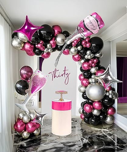 Pink Silver Black Party Decorations, Balloon Arch Pink And Silver, Pink Black And Silver Party Decor, Pink And Black Balloons, Hot Pink And Silver Balloon Garland, Black And Pink Balloons, Hot Pink Black And Silver Balloon Garland, Prom Party Decorations, Hot Pink Decor