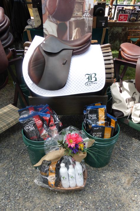 Equine Organix and Enjoy Yums raffle basket at Bevals booth Auction Basket, Raffle Basket, Raffle Baskets, Themed Gift Baskets, Horse Gifts, Gifts For Horse Lovers, Gifts For Your Girlfriend, Gift List, Horse Girl