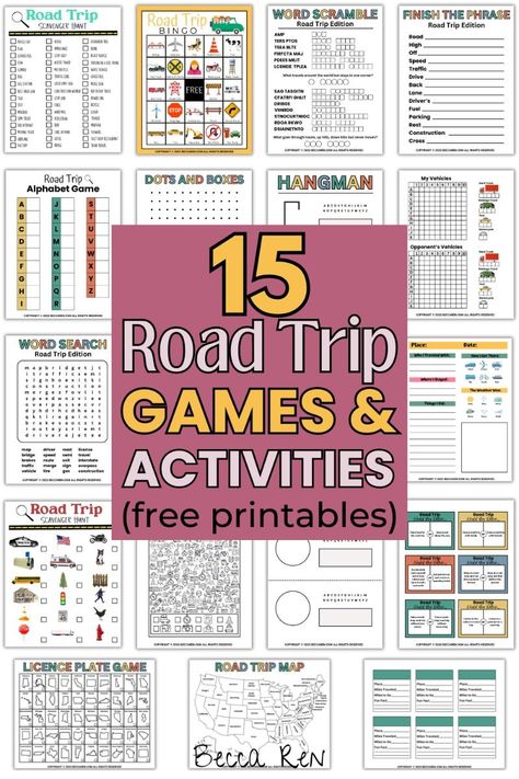 FREE Printable Travel Games and Activities For Family Road Trips Kids Car Games Road Trips, Car List Ideas, Road Trip Countdown For Kids, Free Printable Travel Games, Road Trip Scavenger Hunt For Teens, Road Trip Binder For Kids, Travel Bingo Printable For Kids, Free Printable Road Trip Activities, Road Trip Printables For Kids Free