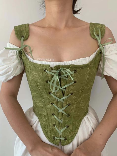 Women's Vintage Corsets | VintageMist French Meadows, Women Cottagecore, Peasant Costume, Fairy Grunge Aesthetic, Fair Outfits, Green Corset, Corset Tops, Vintage Outfit, Fairy Grunge