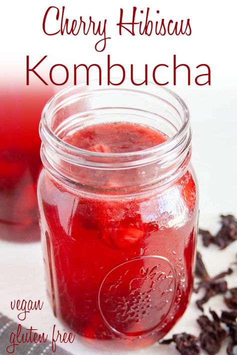 This sweet tart Cherry Hibiscus Kombucha is a refreshing treat anytime of the year! Made with fresh or frozen cherries. Pomegranate Kombucha, Cranberry Kombucha, Kombucha Scoby, Homemade Kombucha, Kombucha Recipe, Vegan Lunch Recipes, Vegan Drinks, Diy Recipe, Flavored Drinks