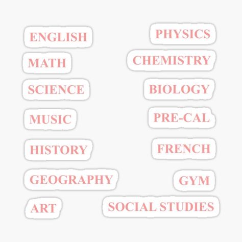 "Pastel pink school subjects" Sticker by PurpleClouds26 | Redbubble School Subjects Aesthetic, Subjects Stickers, Subject Stickers, Subject Labels, Gym Art, Family Fun Games, French History, School Stickers, School Essentials