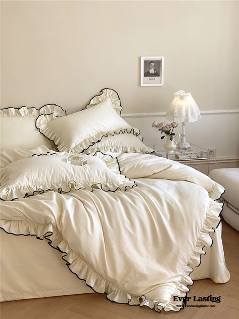 Silky Ruffle Bedding Set / Ivory White Ruffled Bedding Set, Muted Mauve Bedroom, Ruffle Bed Set, Cute Sheets Aesthetic, Frilly Bedding, Bed Cover Ideas, French Bedroom Aesthetic, French Chic Bedroom, Coquette Bedding