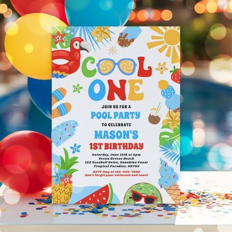 $2.92 | Cool One Tropical Summer Beach 1st Birthday Party | Summer Birthday Invitations | pool party, summer pool party, pool birthday party, summer birthday party, ocean birthday party, lake birthday party, tropical 1st birthday, summer 1st birthday, cool one birthday, one cool dude Beach 1st Birthday, Birthday Party Pool, 1st Birthday Party Invitations, Avery Labels, Pool Birthday Party, Splish Splash, 1st Birthday Party, Some Text, 1st Boy Birthday