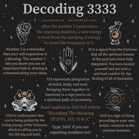 Moon Omens’s Instagram photo: “Read article in @moonomens bio 🔮✨🍃 “Decoding The Spiritual Meaning Of 3333, 333, 33 & 3” to learn everything about the energy number 3…” 3 Spiritual Meaning, Spiritual Meaning Of 333, 33:33 Meaning, 33 Spiritual Meaning, 3 Number Meaning, 3333 Angel Number Meaning, 3 33 Meaning, Number 3 Meaning, 3333 Meaning