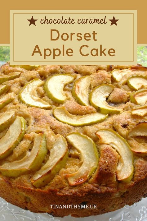 A luscious Dorset apple cake recipe made with apples and pieces of chocolate caramel. Apple slices decorate the top. The perfect way to use both windfalls and cooking apples. And just what you need for autumn baking and eating. Serve warm with cream or custard for dessert or just as it is for afternoon tea. #AppleRecipes #FallRecipes Apple Magic Cake, Sunday Dessert, Family Cake, Tasty Chocolate Cake, Apple Cake Recipes, Big Cakes, Favorite Dessert Recipes, Chocolate Caramels, Apple Cake