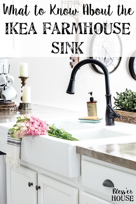 IKEA Farmhouse Sink Review | blesserhouse.com - What to know before buying the Ikea farmhouse sink Domsjo- how well it cleans, how functional it is, and if it's the right investment for your kitchen. Ikea Faucet, Dapur Ikea, Ikea Farmhouse Sink, Black Farmhouse Sink, Black Faucets, Ikea Sinks, Ikea Farmhouse, Classic Kitchen, Farmhouse Sink Kitchen