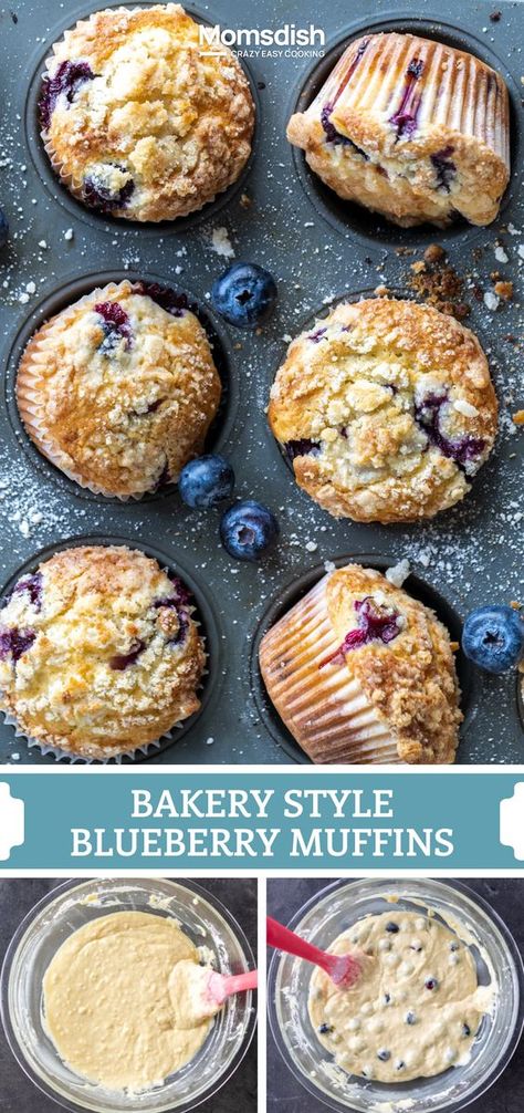 These blueberry muffins are bursting with juicy fresh blueberries and a sweet crumb topping. They're extra fluffy and moist — thanks to a secret ingredient in the batter! 5 Ingredient Blueberry Muffins, Blue Blueberry Muffins, Hearty Blueberry Muffins, Blueberry Muffin Recipes Best, Blueberry Muffins Made With Yogurt, No Butter Blueberry Muffins, Blueberry Cake Mix Muffins, Yummy Blueberry Muffins, Scratch Blueberry Muffins