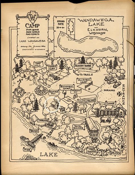 Something about this camp map is charming! Love the story behind the camp too! Camp Cottage, Maps Design, Camping Illustration, Camp Wandawega, Lake House Wall Art, Camping Journal, Summer Camp Wedding, Camp Lake, Purple Wall Art