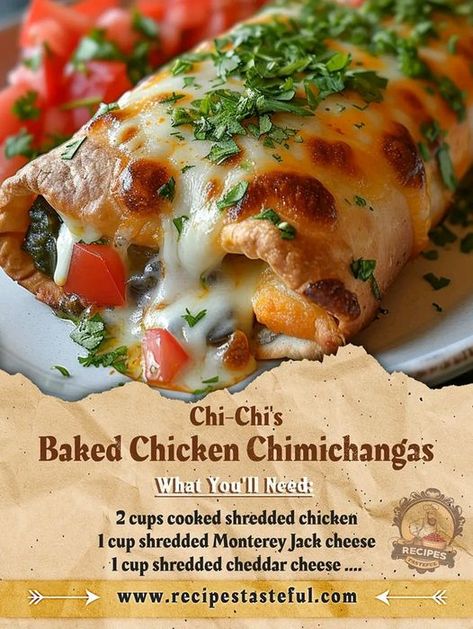 Mama's Cooking Recipes | Chi-Chi's Baked Chicken Chimichangas | Facebook Monterey Jack Cheese Recipes, Baked Chicken Chimichangas, Chicken Chimichanga, Tasteful Recipes, Chicken Chimichangas, 2024 Meals, Chimichanga Recipe, Grandma Cooking, Mexican Recipe