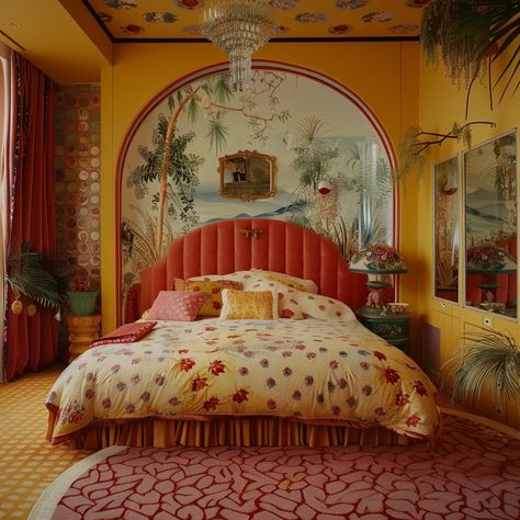 The bedroom is decorated in a modern style. The walls are painted yellow and the ceiling is decorated with a floral pattern ->> more details in ai-img-gen.com Yellow Maximalist Bedroom, Maximalist Canopy Bed, Yellow Canopy Bed, Red Maximalist Bedroom, Maximalist Bed, Nightstand With Lamp, Maximalist Bedroom Blankets, Asian Bedroom, Sf Apartment