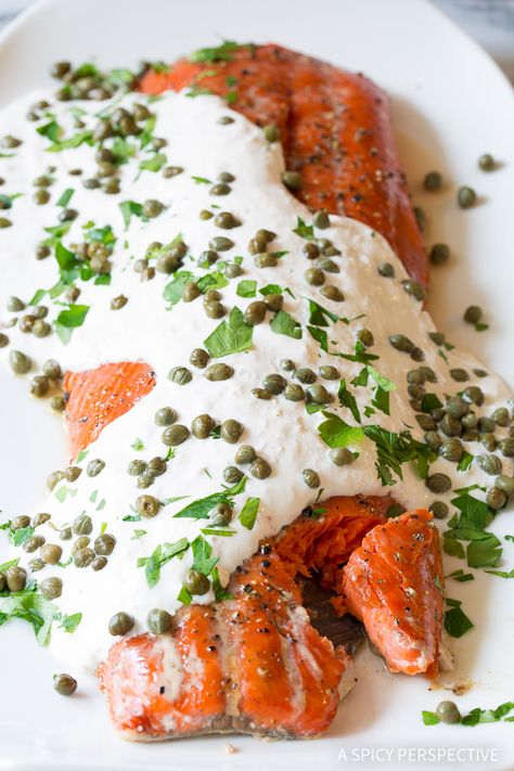 Dazzling 10-Ingredient Smoky Baked Salmon Recipe with Creamy Horseradish Sauce on ASpicyPerspective.com #holiday Horseradish Recipes, Creamy Horseradish, Creamy Horseradish Sauce, Baked Salmon Recipe, Seafood Meals, Sauce For Salmon, Oven Baked Salmon, A Spicy Perspective, Yummy Seafood