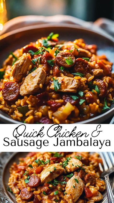 Enjoy the rich flavors of the South with this quick Chicken & Sausage Jambalaya. Perfectly seasoned and brimming with tender chicken, sausage, and rice, it’s a warm, comforting dish that’s easy to make and even easier to love. Chicken Sausage And Rice, Chicken Jambalaya Recipe, Instant Pot Jambalaya, Sausage Jambalaya Recipe, Chicken Jambalaya, Jambalaya Recipe Easy, Sausage And Rice, Chicken And Sausage Jambalaya, Cajun Jambalaya