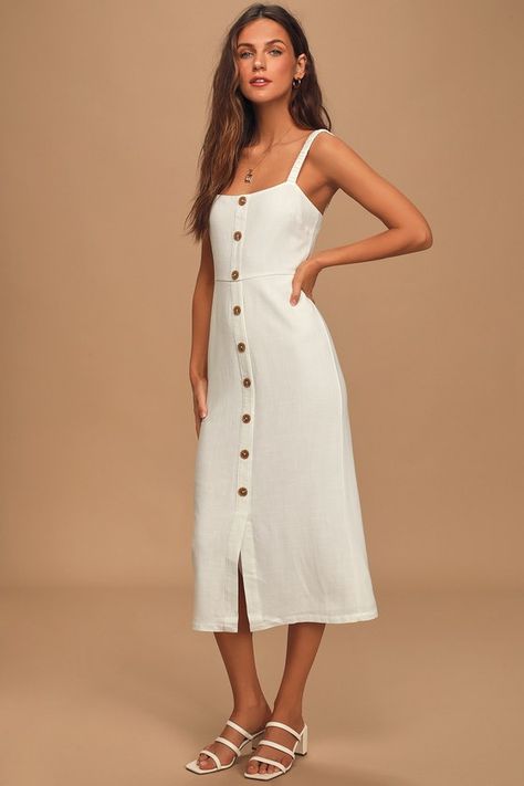 White Midi Dress - Button Front Dress - Sleeveless Midi Dress #ad #Dress, #sponsored, #Midi, #White, #Sleeveless Bride White Dress, White Dress Outfit Summer, Linen Inspiration, White Button Up Dress, Dress Outfit Summer, White Dress Outfit, Adorable Clothes, Linen Design, All White Outfit