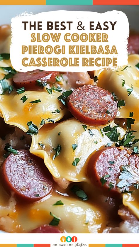 This Slow Cooker Pierogi Kielbasa Casserole Recipe is the ultimate comfort food! Just toss everything in the crockpot and enjoy a creamy, cheesy, and delicious meal with minimal effort. Perfect for busy nights! Click here to save and make it tonight! Kielbasa Perogie Crockpot, Crock Pot Pierogies And Kielbasa, Crockpot Pierogi Casserole With Kielbasa, Kielbasa Crockpot, Pierogi Kielbasa, Kielbasa Casserole, Pierogies And Kielbasa, Sausage Crockpot Recipes, Slow Cooker Kielbasa