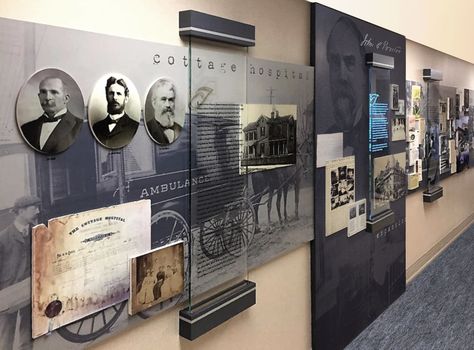 Display of variety of images and text. Overlaying of words. Exhibit Wall Design, Company History Wall, Exhibition Display Wall, Historical Exhibition, Museum Exhibition Design Display, Museum Display Cases, Exhibition Display Design, Office Wall Design, Museum Interior