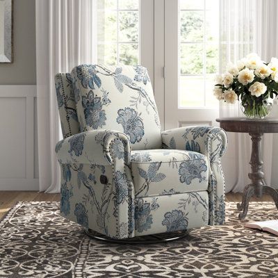 This classic nursery recliner offers a comfortable spot for you and your little one to bond and relax. Upholstered in 100% polyester floral fabric, it adds a touch of timeless elegance to the nursery. It features a manual reclining mechanism, allowing you to lean back and soothe your baby with ease. The base combines rocker, glider, and swivel functions, providing a smooth and gentle motion to help lull your baby to sleep. Its frame is made from a blend of metal and engineered wood, while the se Glider Nursery, Kitchen Curtain Designs, Nursery Recliner, Rocker Recliner Chair, Classic Nursery, Swivel Recliner Chairs, Nursery Glider, Guest Room Decor, Nursery Chair