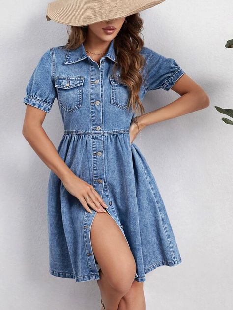 Short Denim Dress Outfit, Denim Dress Outfit Summer, Denim Dress Outfit Ideas, Denim Dress Outfit, Jumpsuit Denim, Denim Shorts Outfit, Womens Denim Skirts, Spring Denim, Womens Denim Dress