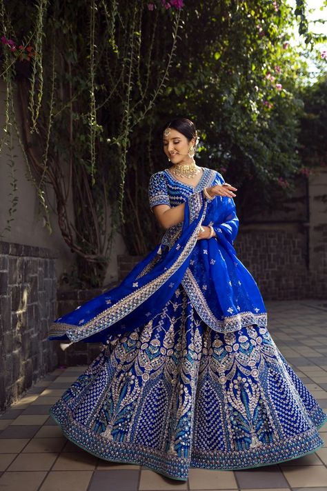 Indian Blue Lehenga, Bridal Lehenga Blue Colour, Dark Blue Lengha Bridal, Royal Blue Wedding Lehenga, Royal Blue Indian Wedding Dress, Blue Reception Lehenga, Royal Blue Bridal Lehenga, Lehenga Royal Blue, Royal Blue Lengha