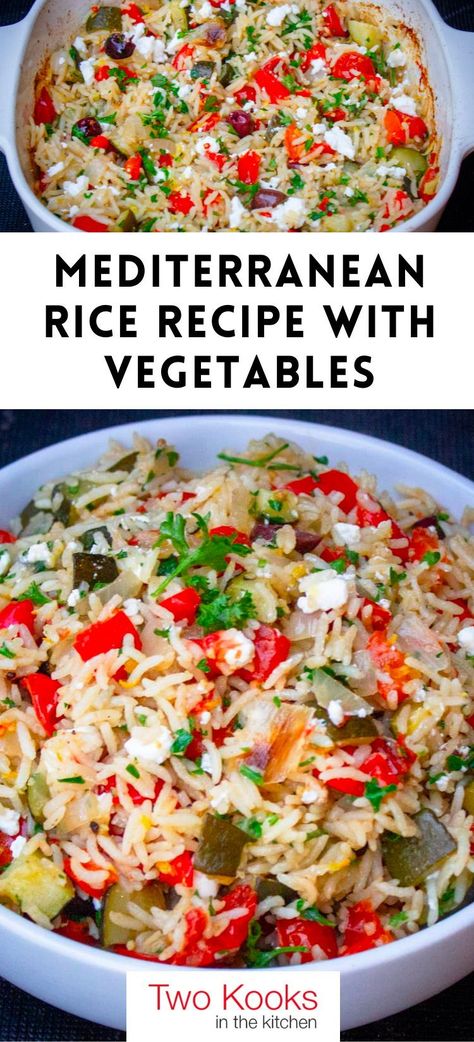 This one-pot Mediterranean rice recipe – packed with vegetables, tangy feta cheese, lemon zest, briny olives, and fresh parsley – captures the essence of Mediterranean flavors.  You’re cooking two sides (rice and veggies) simultaneously in a single casserole dish. Very convenient and a big step up from plain rice! Metteranian Recipes, Medeteranian Vegetable Recipes, Medditeranean Rice Recipe, True Mediterranean Recipes, Rice With Veggies Recipe, One Pan Mediterranean Rice, Mediterranean Rice Bake, Vegetarian Rice Casserole, Mediterranean Dishes Healthy