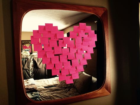 Heart Shaped Sticky Notes, Sticky Note Heart On Mirror, Heart Sticky Notes On Mirror, Mirror Sticky Notes, Secure Quotes, Note Gift Ideas, Sticky Note Heart, Sticky Notes Heart, Note Decoration