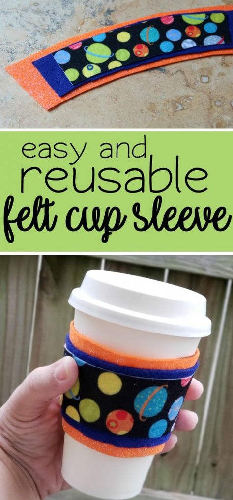 Easy DIY No-Sew Reusable Felt Cup Sleeve Koozy Diy Coffee Sleeve, Cup Cozy Pattern, Coffee Cups Diy, Reuse Plastic Bottles, Cup Sleeves, Coffee Cup Sleeves, Diy Drinks, Paper Coffee Cup, Reusable Cups